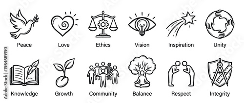 Hand-drawn icons representing core values and essential concepts like peace, love, ethics, vision, and community in a doodle style.