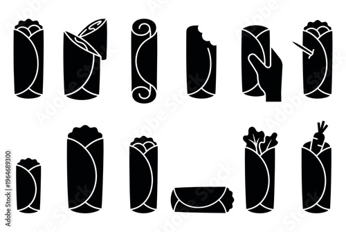 Wraps, burritos, and rolls vector icon set depicting various forms of delicious fast food items and snacks.