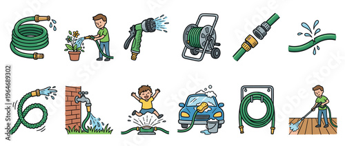 Garden hose, watering equipment, and outdoor activities vector illustration set depicting various uses and accessories for home and yard.