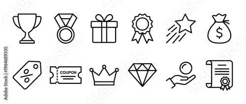 Rewards, achievements, and incentives icons collection, a comprehensive set of outline vector symbols representing success, prizes, and special offers for various purposes.