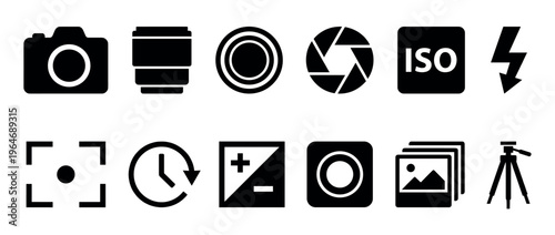 Photography camera icons set with essential symbols representing various functions and equipment for digital and analog picture taking.