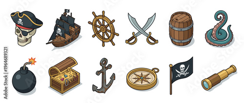 Pirate icons collection featuring a skull, ship, wheel, swords, barrel, tentacle, bomb, treasure chest, anchor, compass, flag, and telescope in isometric style.