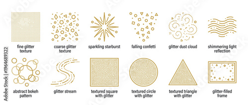 Glitter patterns and textures collection featuring various sparkling shapes, abstract elements, and festive designs for decorative purposes.