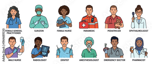 Diverse group of medical professionals and healthcare workers in various roles, including doctors, nurses, and specialists, depicted in a friendly cartoon style.