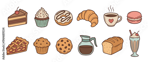 Delicious baked goods, desserts, and beverages in a charming hand-drawn cartoon style, perfect for breakfast, coffee breaks, or sweet treats.