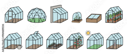 Greenhouses and gardening structures vector illustration set showing various types of glasshouses for plant cultivation and protection.