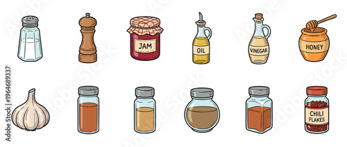 Collection of various kitchen ingredients and condiments including salt, pepper, jam, oil, vinegar, honey, garlic, and spices in a cartoon style.