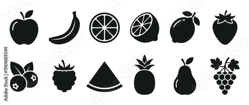 Collection of various fruit icons in a flat design style, representing healthy eating and fresh produce for graphic elements.