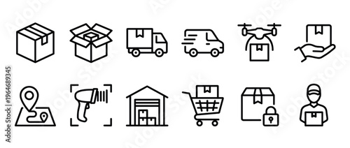 Collection of modern outline delivery and logistics icons representing various stages of shipping, tracking, and receiving packages for e-commerce.