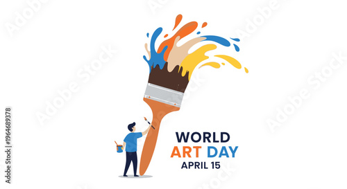 World art day celebration featuring paint splashes and a tiny artist