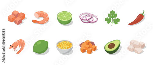 Fresh seafood and vegetable ingredients for ceviche or healthy cooking, presented in a clean isometric flat design style.