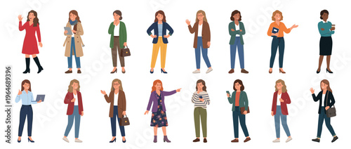 Diverse women characters in various poses and outfits, showcasing different professional and casual scenarios with modern style.