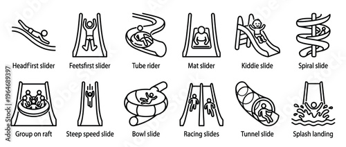 Water slide icons collection illustrating various types of thrilling rides and splash landings at an aqua park.