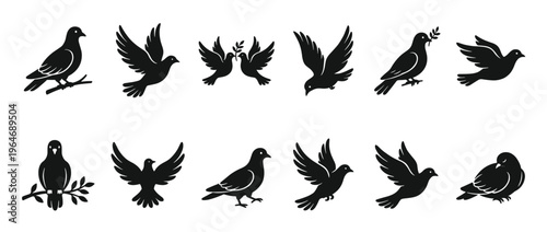 Doves and pigeons silhouettes in various poses including flying, perched, and holding olive branches, symbolizing peace and freedom.