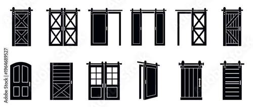 Collection of various barn doors and sliding door designs in black silhouette style, perfect for architectural and interior design concepts.