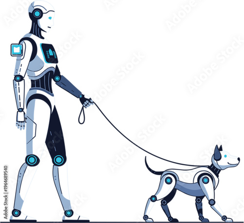 Futuristic humanoid robot walking a robotic dog on a leash in clean flat vector style for artificial intelligence lifestyle designs