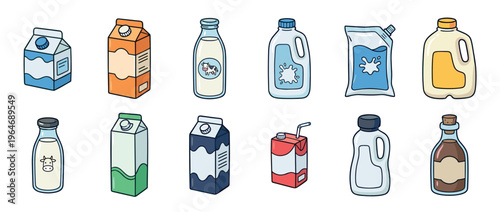 Various milk and beverage containers in different shapes and sizes, including cartons, bottles, jugs, and pouches, presented in a colorful cartoon style.