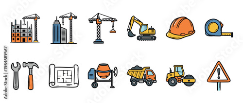 Construction site equipment and tools icons set featuring various machinery, building elements, and safety gear in a colorful doodle style.