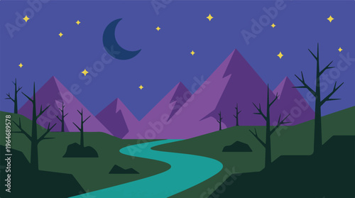 Minimalist night landscape with purple mountains, crescent moon, and winding river