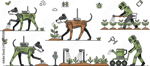 Futuristic robotic farming vector set with automated robot dogs and machines planting and watering seeds for smart agriculture technology designs,