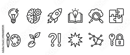 Creative innovation problem solving education icons representing various concepts like ideas, learning, growth, and strategy in a modern line art style.