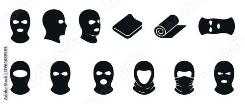 Collection of balaclava, ski mask, and neck gaiter silhouettes representing various forms of protective headwear for cold weather.