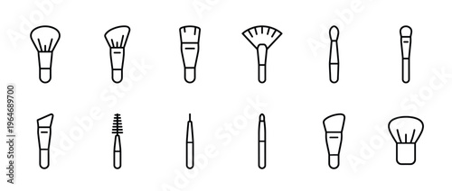 Set of diverse beauty makeup brushes depicted as minimalist line icons, ideal for digital design and web elements.