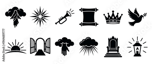 Collection of religious icons and spiritual symbols representing biblical concepts, divine authority, peace, guidance, and new beginnings.