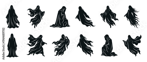 Spooky ghost silhouettes in various poses, perfect for Halloween designs and eerie themed projects.