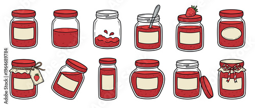 Collection of cartoon strawberry jam jars with red lids and blank labels, perfect for sweet food designs and culinary concepts.