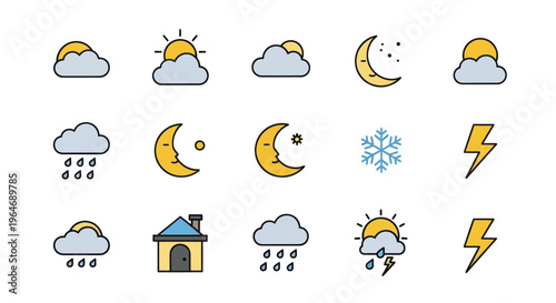 Weather Icons Set: Sun, Clouds, Rain, Snow, Moon, Lightning, House