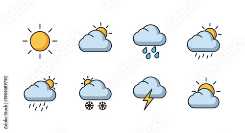Weather Icons Set: Sun, Rain, Snow, Storm, Clouds