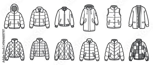 Collection of various puffer jackets, quilted coats, and vests in a clean line art style, showcasing different outerwear designs.