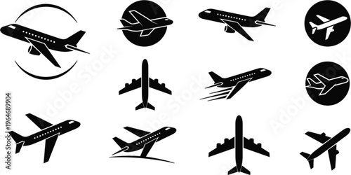 Airplane silhouette vector icon set with various aircraft flying positions for aviation travel transportation and logistics logo designs,