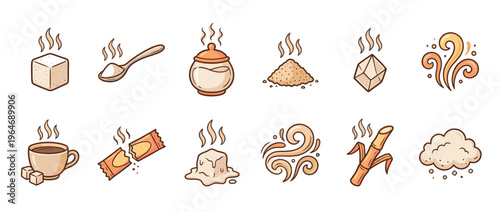 Sugar and sweetener icons collection featuring various forms like cubes, granules, and sugarcane, perfect for food and beverage designs.