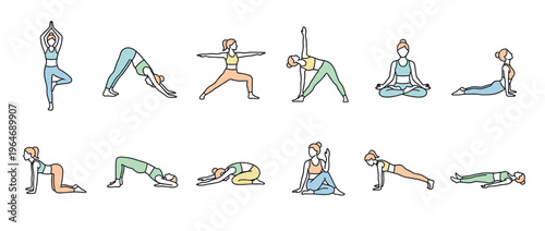 Collection of diverse yoga poses performed by a woman, illustrating various stretching and meditation exercises for health and wellness.