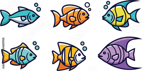 Colorful tropical sea fish vector icon set with cute cartoon aquatic animals under water for ocean life designs,