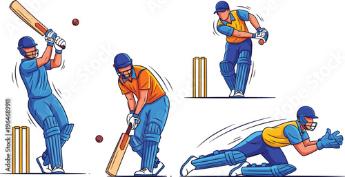 Cricket player vector icon set with batsmen bowlers and fielders in action poses for sports tournament and competition designs