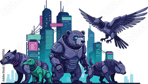 Cyberpunk robotic animal vector set with mechanical bear wolf and bird in futuristic neon city for sci-fi gaming and tech designs,