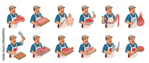 Friendly cartoon butcher character presenting various fresh meat products like steaks, ribs, chicken, and sausages, ready for cooking.