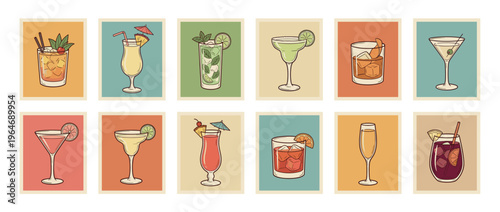 Colorful collection of various alcoholic cocktails and refreshing beverages in different glasses, presented in a retro illustration style.