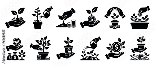 Money plant growth investment icons set illustrating financial success, business development, and wealth accumulation through careful nurturing and strategic planning.
