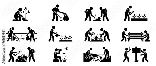 People stick figures engaging in various outdoor activities like gardening, cleaning, maintenance, and nature conservation.