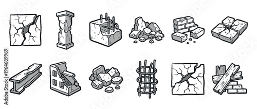Collection of various broken construction materials, concrete rubble, damaged bricks, and metal rebar elements in a hand-drawn cartoon style.