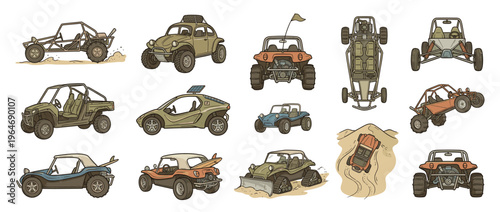 Collection of various hand-drawn off-road vehicles including dune buggies, sand rails, and utility terrain vehicles in different styles and perspectives.