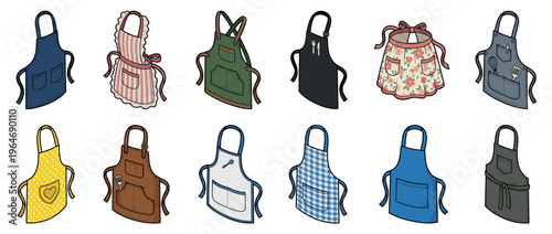 Collection of various aprons in different styles, colors, and patterns, suitable for cooking, baking, and crafting.