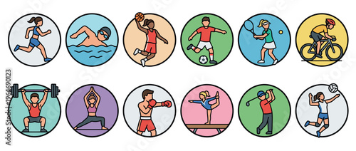 Set of colorful sports and exercise icons depicting people engaged in various physical activities and athletic training.