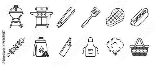 Collection of barbecue and grilling icons including various food items, cooking tools, and picnic essentials for outdoor summer parties.