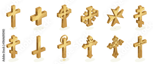 Golden isometric crosses collection representing various Christian religious symbols and spiritual emblems in a stylized 3D illustration.