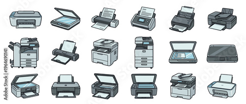 Printers, scanners, copiers, and fax machines office equipment collection vector illustration depicting various modern and classic devices for document processing.
